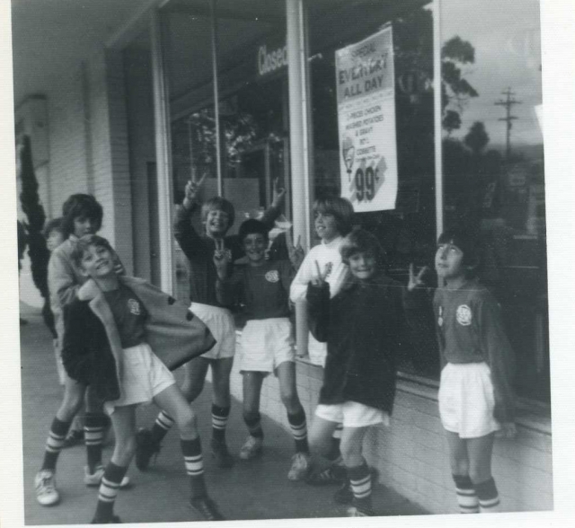 Theos soccer team (the Falcons) on the day of a parade in downtown Los Altos.  Kevin Dunwoodie appears in this picture.  Chris Kluga was also on this team.  Note the meal price at the Los Altos KFC.
