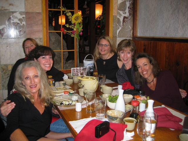 Alyssa Leary, Barbara Small, Karin Berg, Dorita Zublin, Valerie Hostie, Aprelle Oliver in 2004, catching up over a sushi dinner